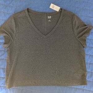 GAP Black Linen Blend Cropped V-Neck